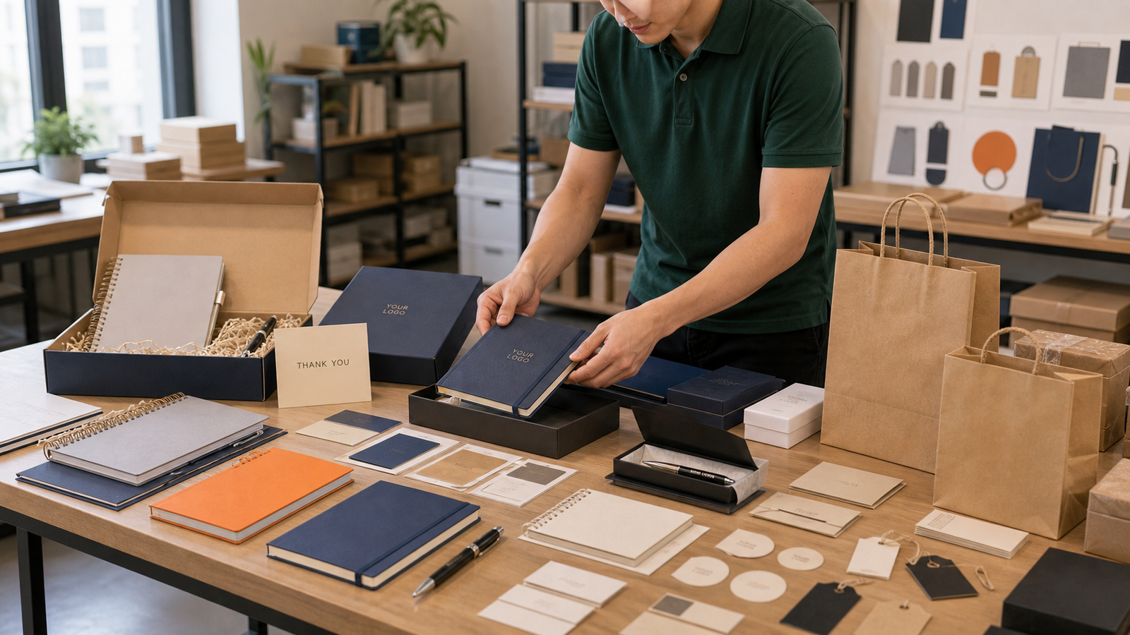 Product sample and packing table for stationery and packaging review coordination
