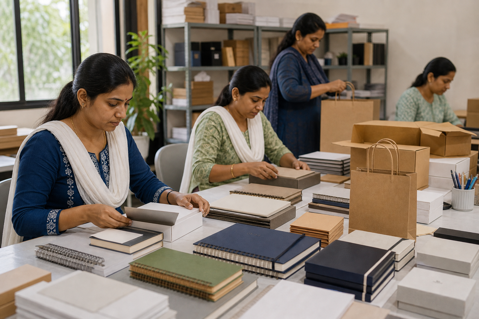 Local workers organizing paper goods and packaging materials in a clean workshop