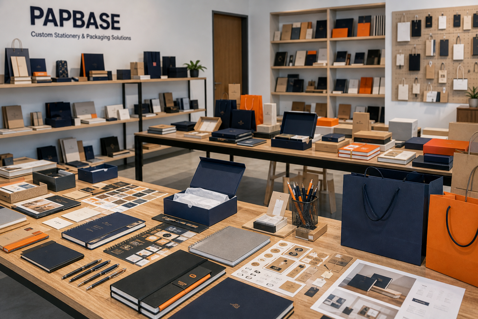 Papbase sample room with stationery, packaging and gift product options