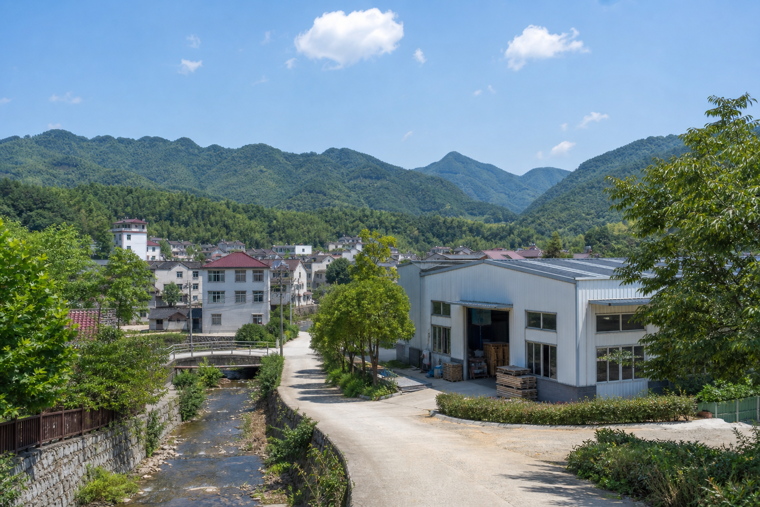 Village environment surrounded by natural scenery near the Papbase factory workspace