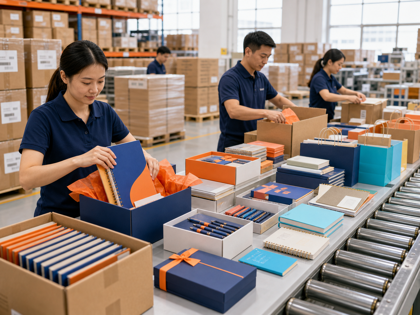 Factory packing and shipping line preparing custom stationery kits