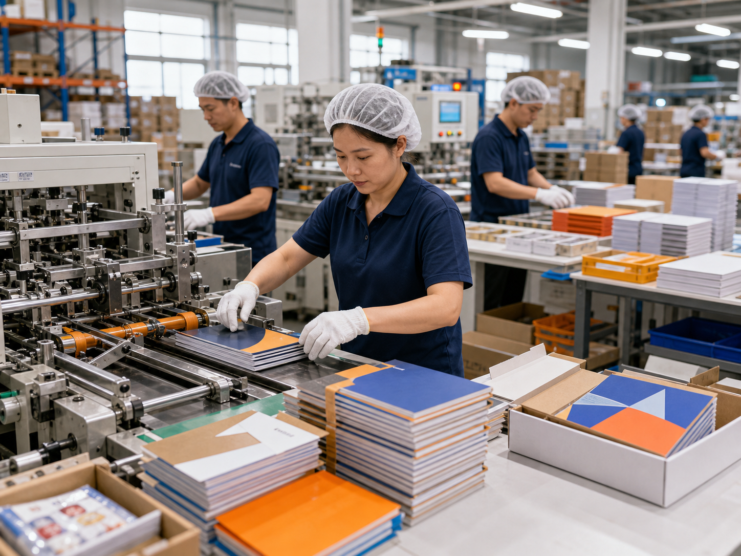 Clean stationery production line with custom paper products and workers