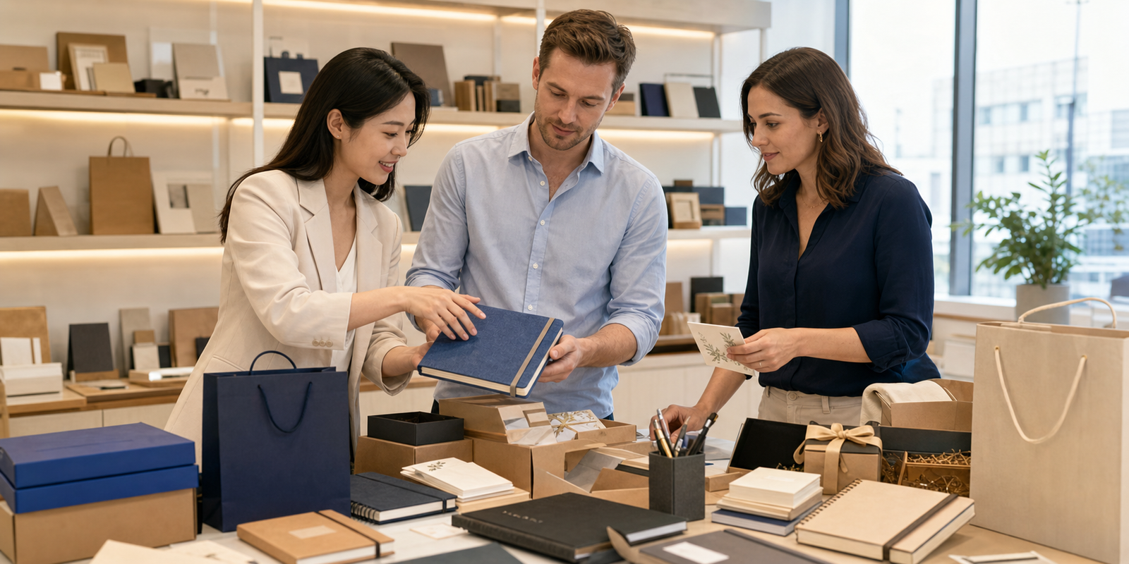 Procurement showroom with buyers reviewing stationery, gift and packaging samples